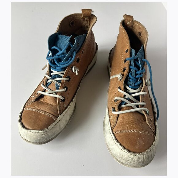 Mens Brown Leather Sneakers Blue Insert Double Lace Beds Made in Portugal - Picture 1 of 6